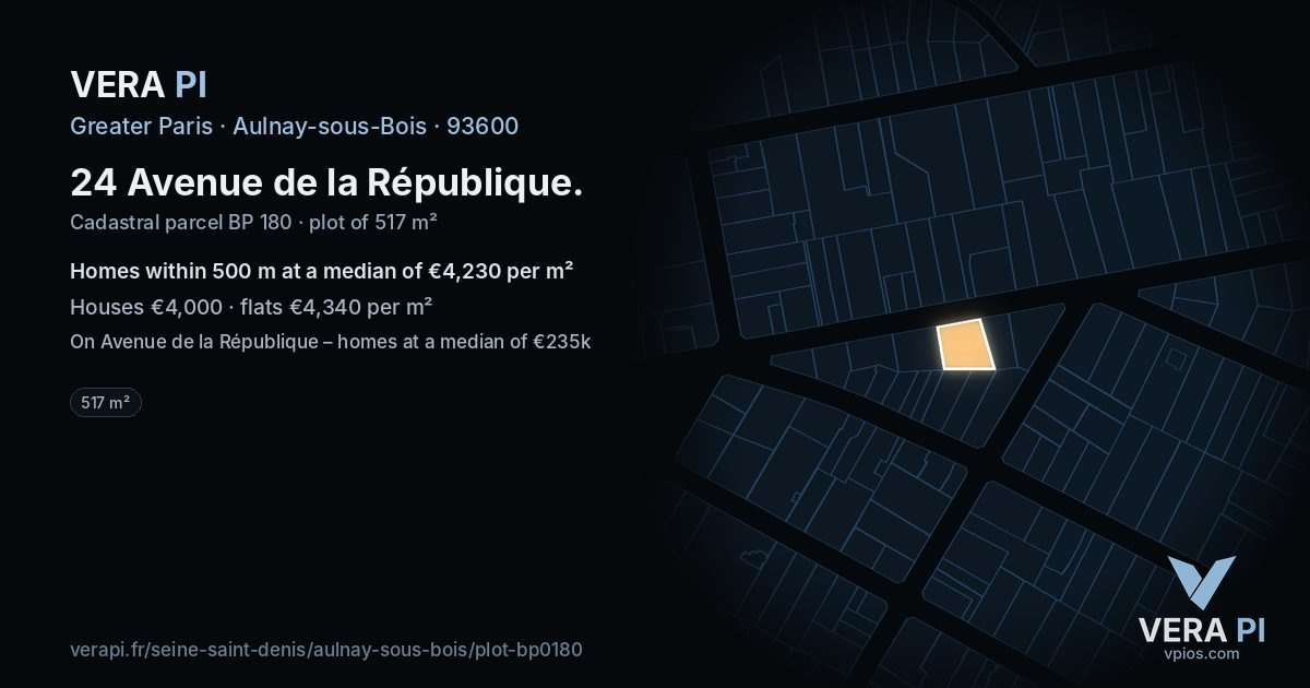 24 Avenue de la République, Aulnay-sous-Bois at night – the plot lit, the parcels around coloured by the prices near them