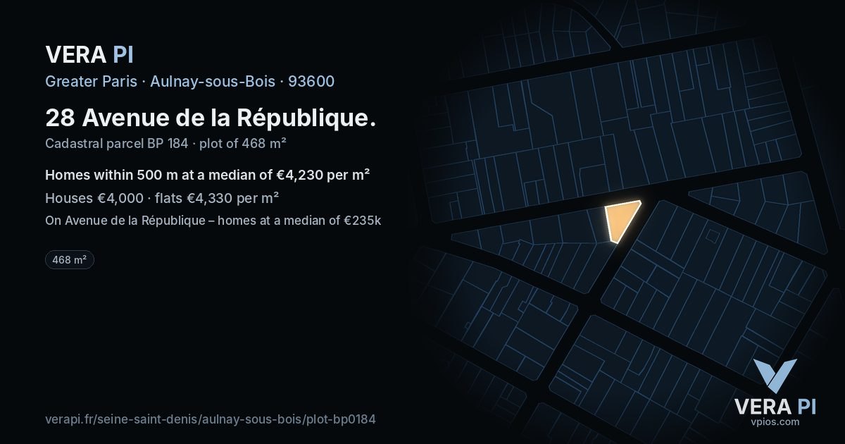 28 Avenue de la République, Aulnay-sous-Bois at night – the plot lit, the parcels around coloured by the prices near them
