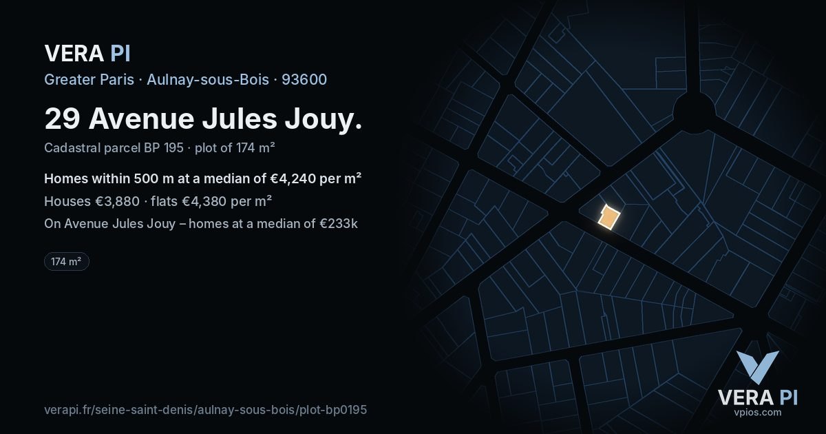 29 Avenue Jules Jouy, Aulnay-sous-Bois at night – the plot lit, the parcels around coloured by the prices near them
