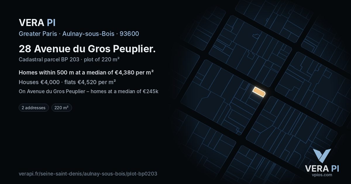 28 Avenue du Gros Peuplier, Aulnay-sous-Bois at night – the plot lit, the parcels around coloured by the prices near them