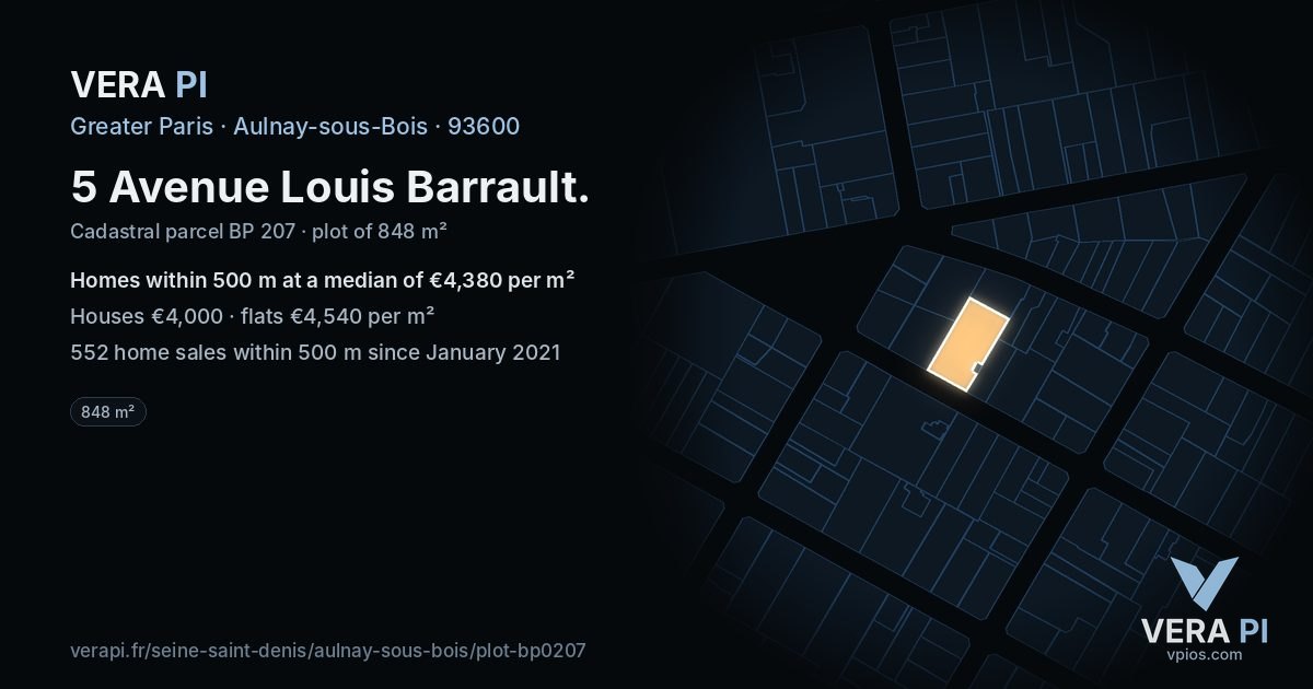 5 Avenue Louis Barrault, Aulnay-sous-Bois at night – the plot lit, the parcels around coloured by the prices near them