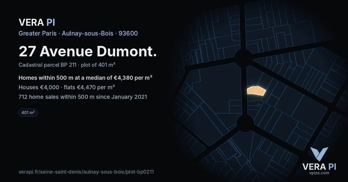 27 Avenue Dumont, Aulnay-sous-Bois at night – the plot lit, the parcels around coloured by the prices near them
