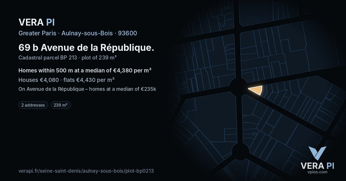 69 b Avenue de la République, Aulnay-sous-Bois at night – the plot lit, the parcels around coloured by the prices near them