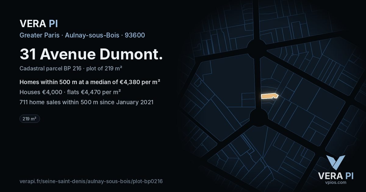 31 Avenue Dumont, Aulnay-sous-Bois at night – the plot lit, the parcels around coloured by the prices near them
