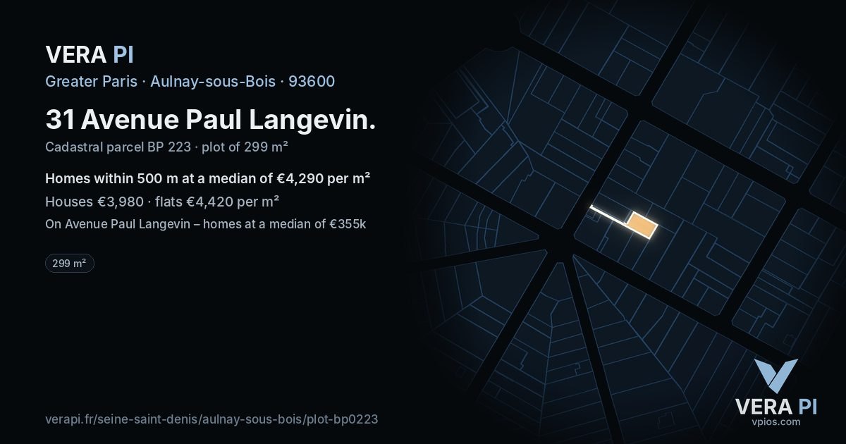 31 Avenue Paul Langevin, Aulnay-sous-Bois at night – the plot lit, the parcels around coloured by the prices near them
