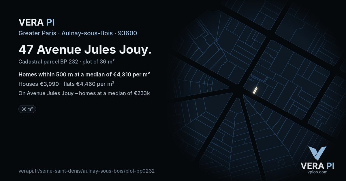 47 Avenue Jules Jouy, Aulnay-sous-Bois at night – the plot lit, the parcels around coloured by the prices near them