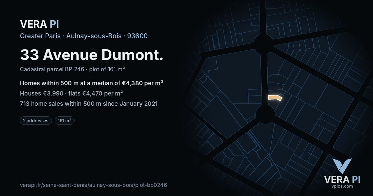 33 Avenue Dumont, Aulnay-sous-Bois at night – the plot lit, the parcels around coloured by the prices near them