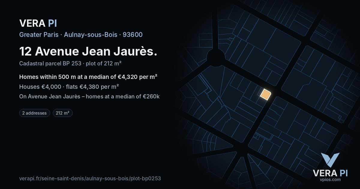 12 Avenue Jean Jaurès, Aulnay-sous-Bois at night – the plot lit, the parcels around coloured by the prices near them