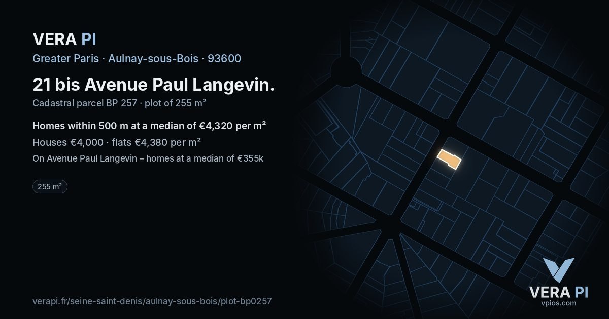 21 bis Avenue Paul Langevin, Aulnay-sous-Bois at night – the plot lit, the parcels around coloured by the prices near them