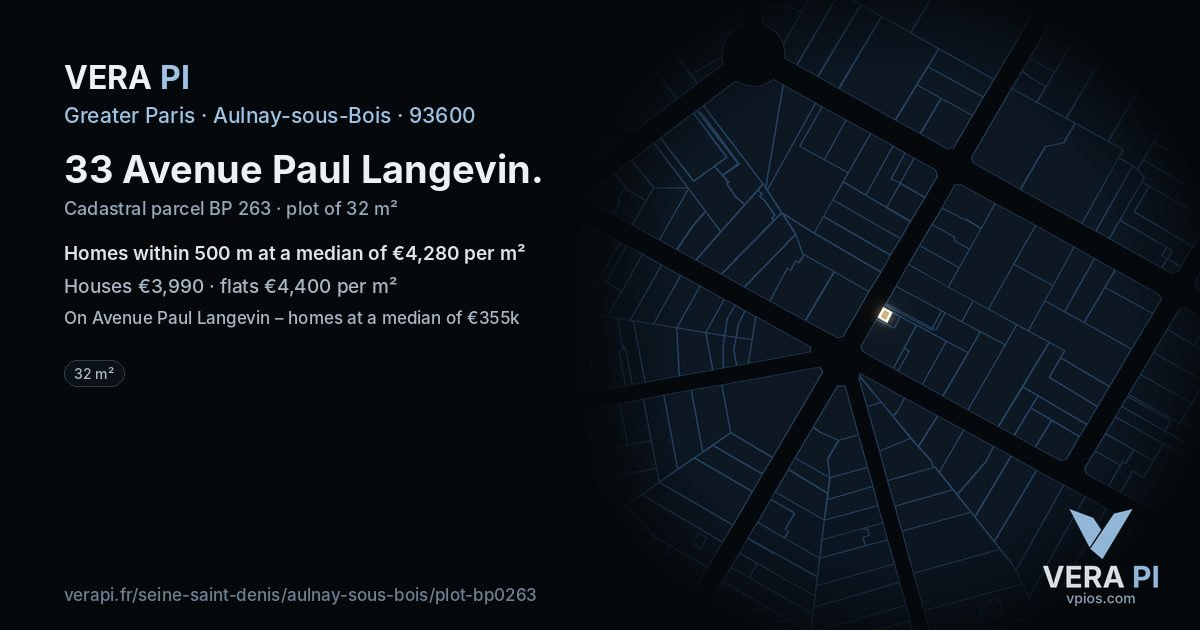 33 Avenue Paul Langevin, Aulnay-sous-Bois at night – the plot lit, the parcels around coloured by the prices near them