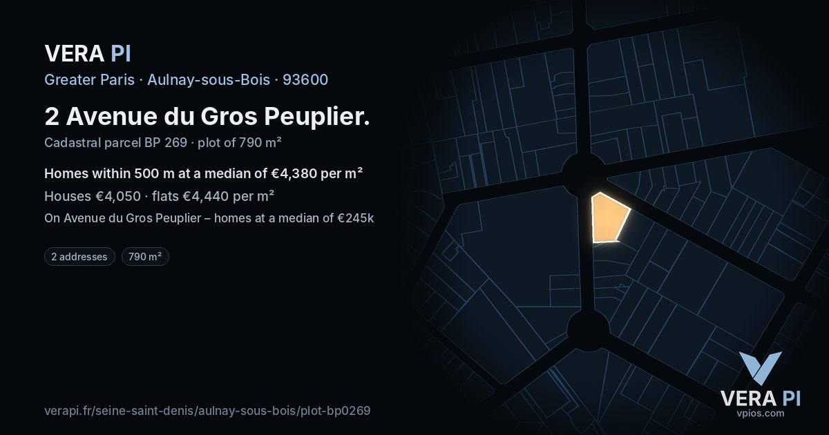 2 Avenue du Gros Peuplier, Aulnay-sous-Bois at night – the plot lit, the parcels around coloured by the prices near them