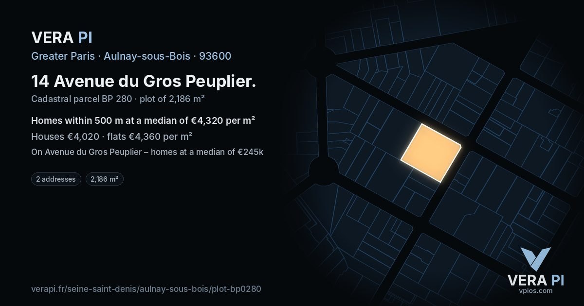 14 Avenue du Gros Peuplier, Aulnay-sous-Bois at night – the plot lit, the parcels around coloured by the prices near them