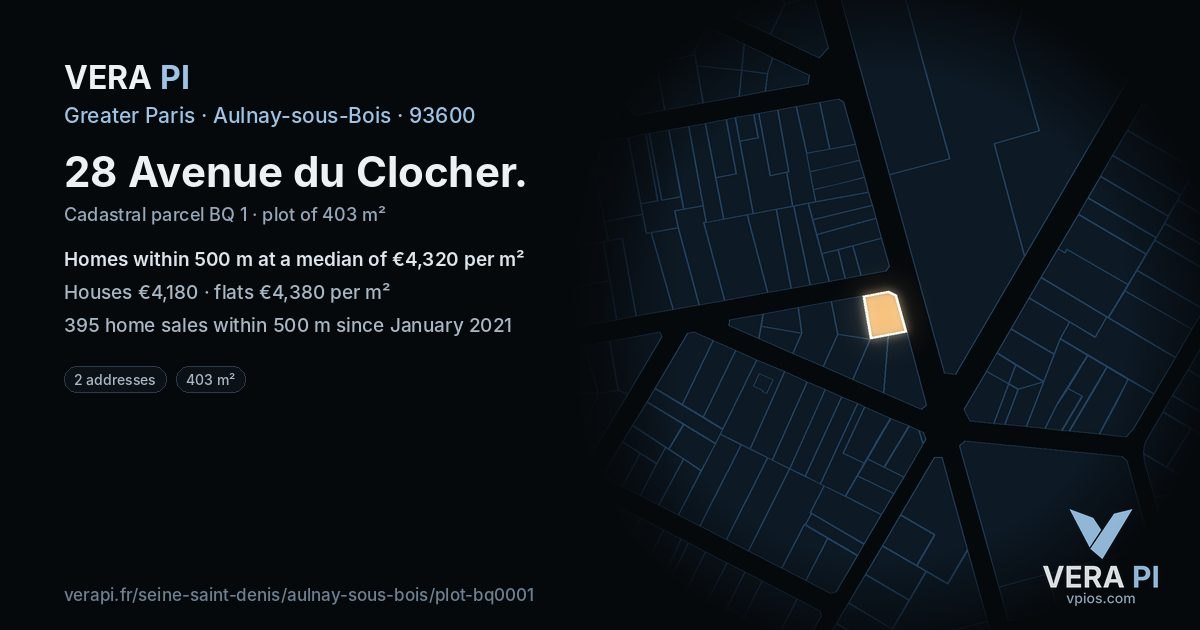 28 Avenue du Clocher, Aulnay-sous-Bois at night – the plot lit, the parcels around coloured by the prices near them