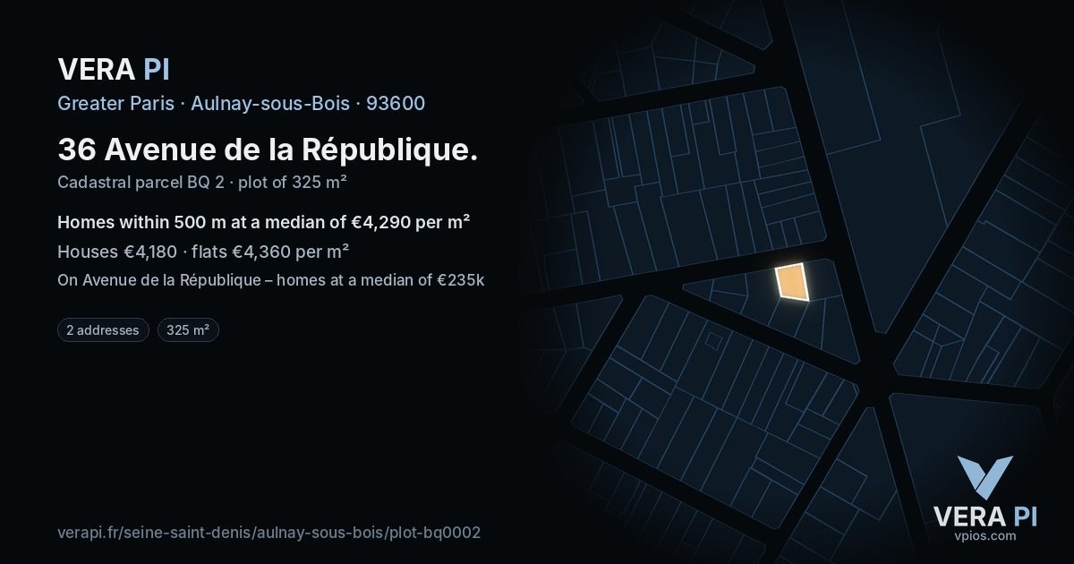 36 Avenue de la République, Aulnay-sous-Bois at night – the plot lit, the parcels around coloured by the prices near them