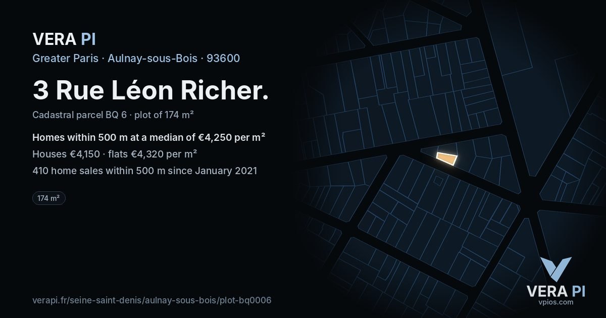 3 Rue Léon Richer, Aulnay-sous-Bois at night – the plot lit, the parcels around coloured by the prices near them
