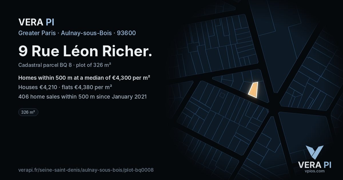 9 Rue Léon Richer, Aulnay-sous-Bois at night – the plot lit, the parcels around coloured by the prices near them