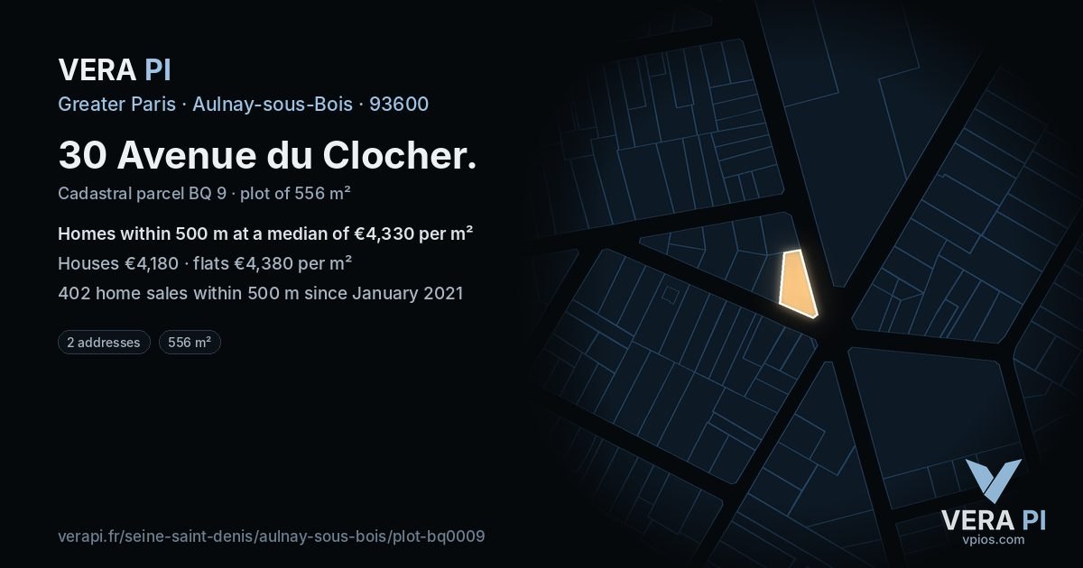 30 Avenue du Clocher, Aulnay-sous-Bois at night – the plot lit, the parcels around coloured by the prices near them