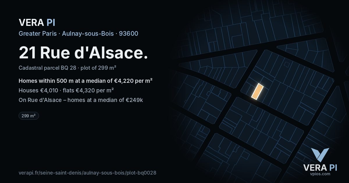 21 Rue d'Alsace, Aulnay-sous-Bois at night – the plot lit, the parcels around coloured by the prices near them