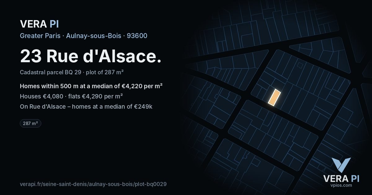 23 Rue d'Alsace, Aulnay-sous-Bois at night – the plot lit, the parcels around coloured by the prices near them