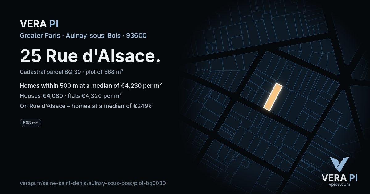 25 Rue d'Alsace, Aulnay-sous-Bois at night – the plot lit, the parcels around coloured by the prices near them