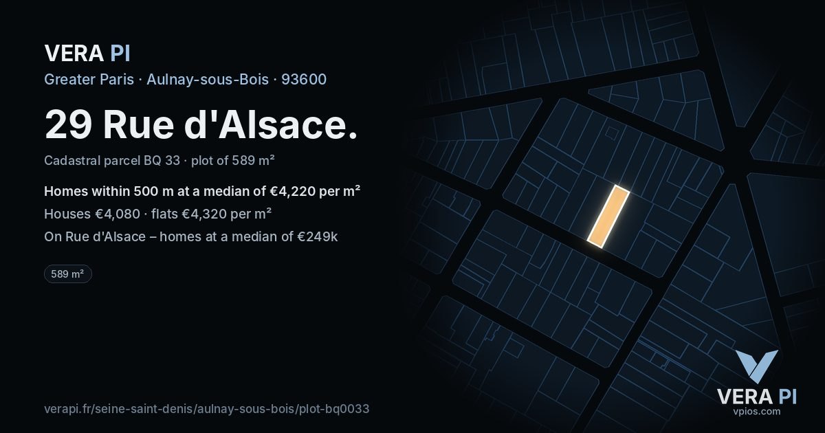 29 Rue d'Alsace, Aulnay-sous-Bois at night – the plot lit, the parcels around coloured by the prices near them