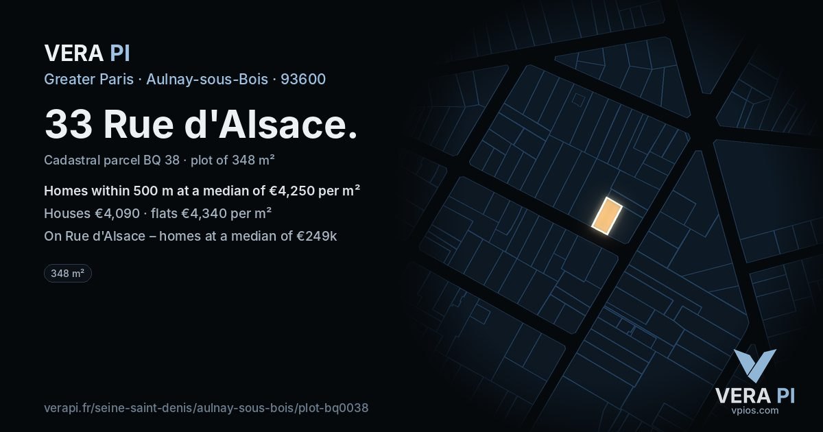 33 Rue d'Alsace, Aulnay-sous-Bois at night – the plot lit, the parcels around coloured by the prices near them