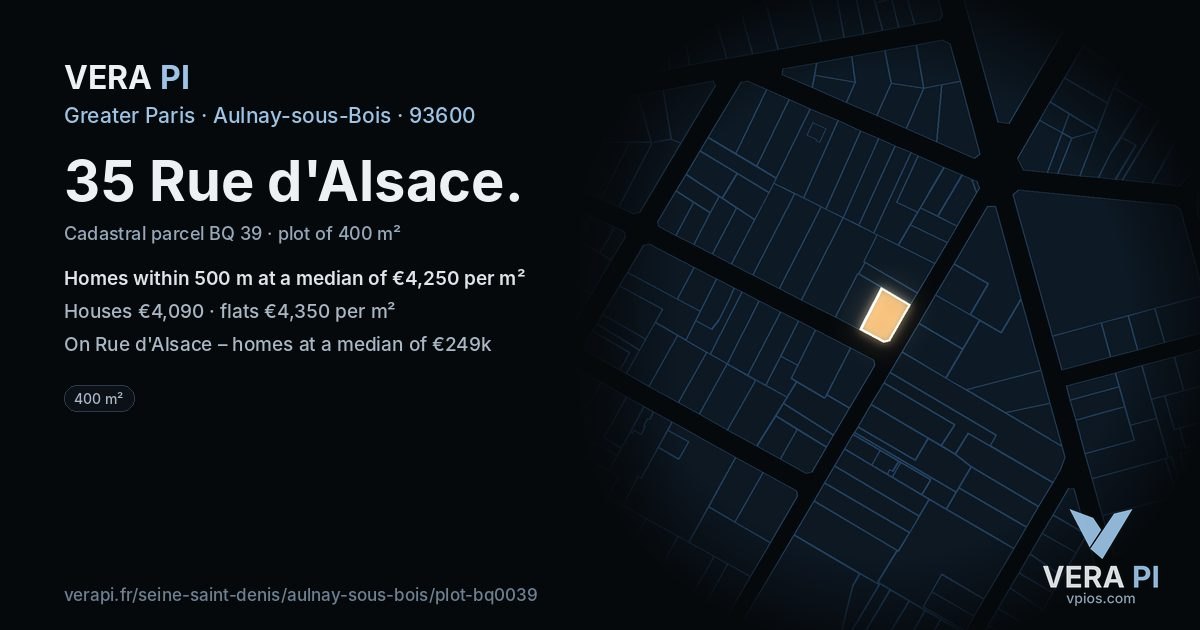 35 Rue d'Alsace, Aulnay-sous-Bois at night – the plot lit, the parcels around coloured by the prices near them