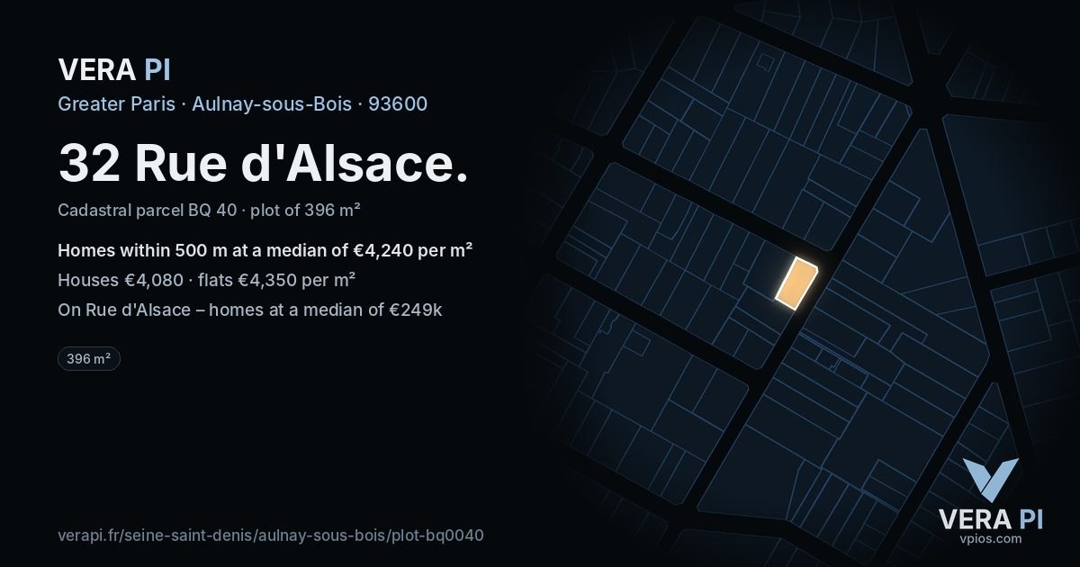 32 Rue d'Alsace, Aulnay-sous-Bois at night – the plot lit, the parcels around coloured by the prices near them