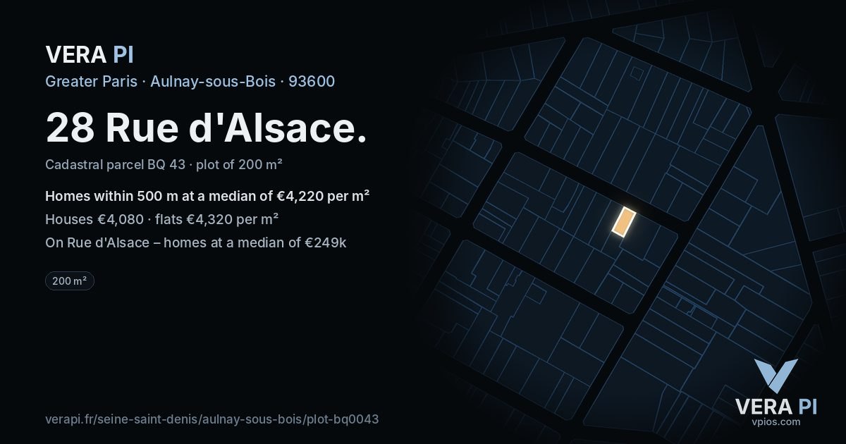 28 Rue d'Alsace, Aulnay-sous-Bois at night – the plot lit, the parcels around coloured by the prices near them