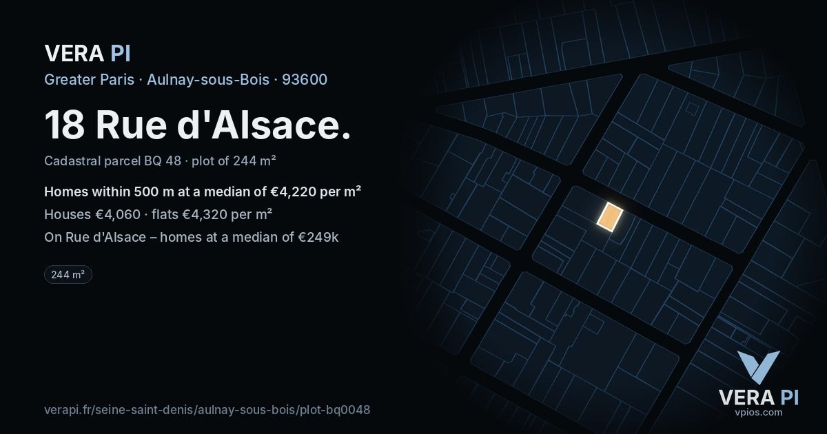 18 Rue d'Alsace, Aulnay-sous-Bois at night – the plot lit, the parcels around coloured by the prices near them