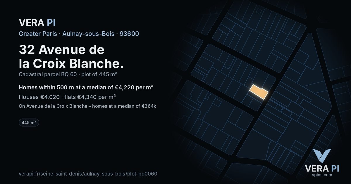 32 Avenue de la Croix Blanche, Aulnay-sous-Bois at night – the plot lit, the parcels around coloured by the prices near them