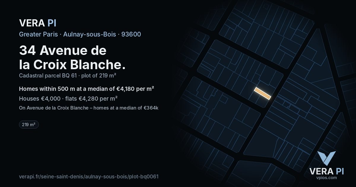 34 Avenue de la Croix Blanche, Aulnay-sous-Bois at night – the plot lit, the parcels around coloured by the prices near them