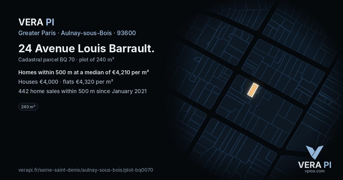 24 Avenue Louis Barrault, Aulnay-sous-Bois at night – the plot lit, the parcels around coloured by the prices near them