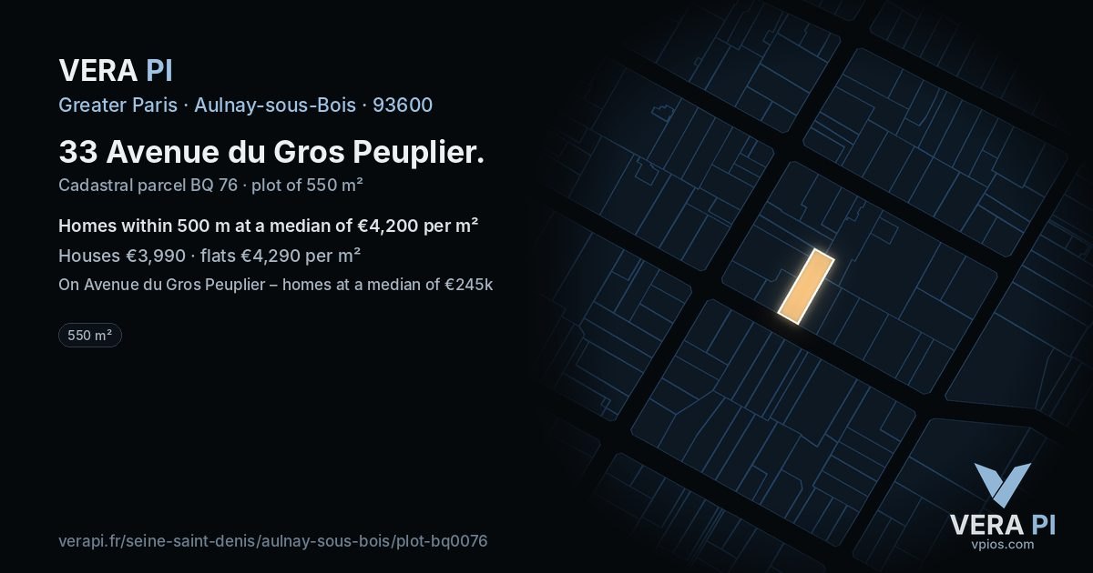 33 Avenue du Gros Peuplier, Aulnay-sous-Bois at night – the plot lit, the parcels around coloured by the prices near them