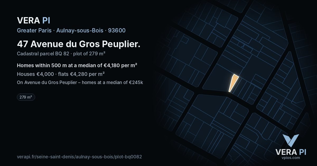 47 Avenue du Gros Peuplier, Aulnay-sous-Bois at night – the plot lit, the parcels around coloured by the prices near them