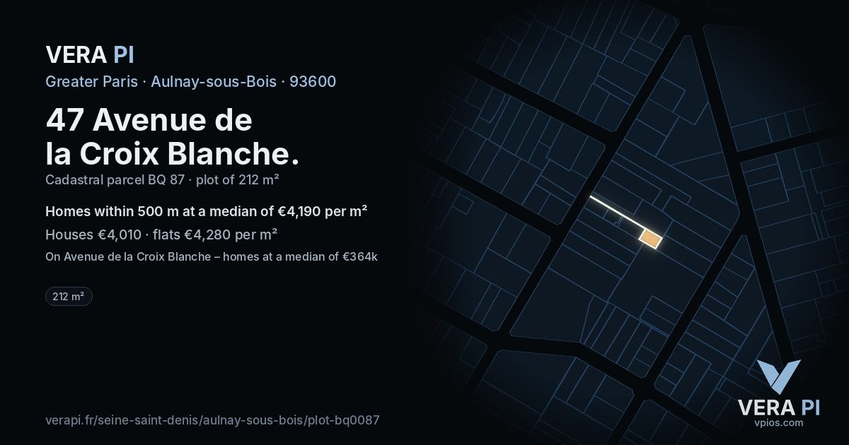47 Avenue de la Croix Blanche, Aulnay-sous-Bois at night – the plot lit, the parcels around coloured by the prices near them