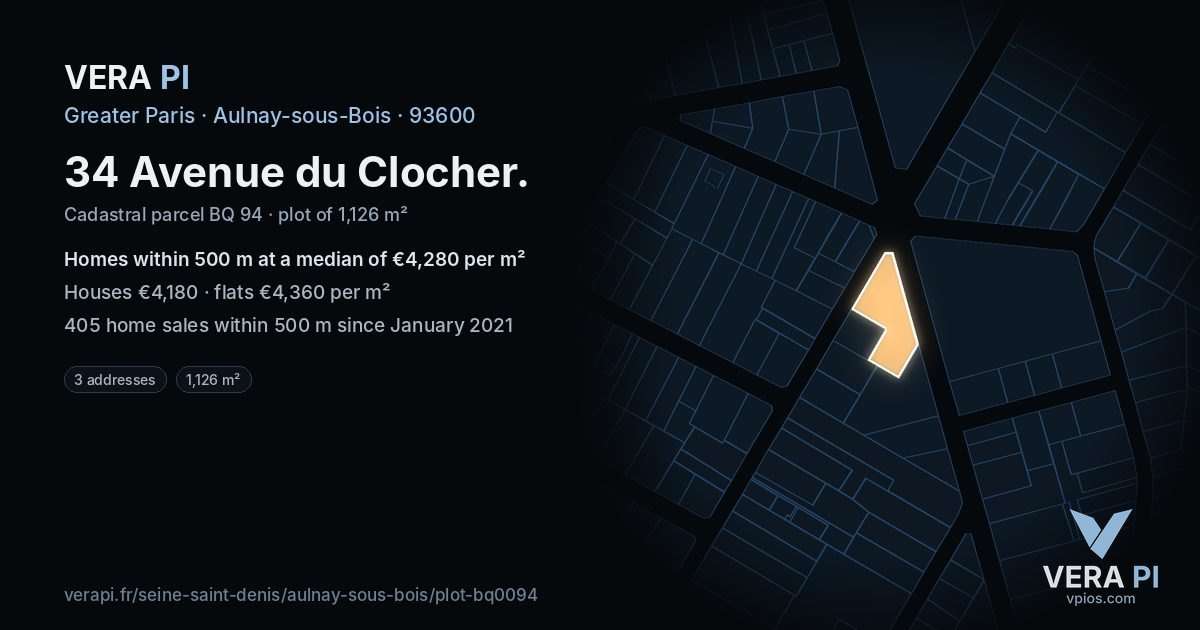 34 Avenue du Clocher, Aulnay-sous-Bois at night – the plot lit, the parcels around coloured by the prices near them