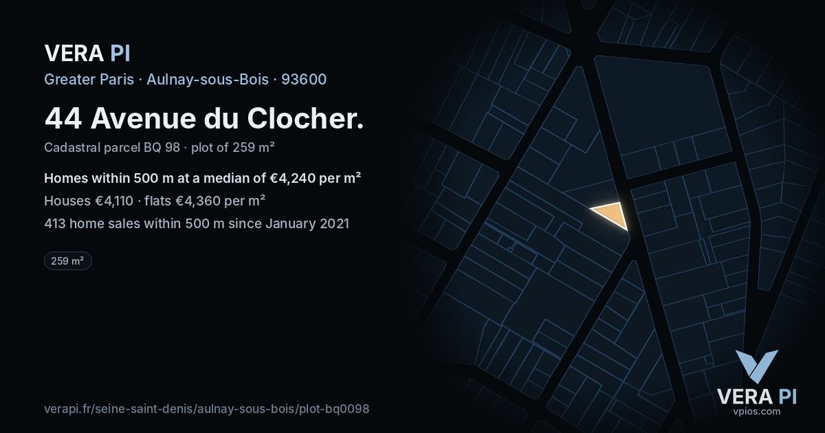 44 Avenue du Clocher, Aulnay-sous-Bois at night – the plot lit, the parcels around coloured by the prices near them