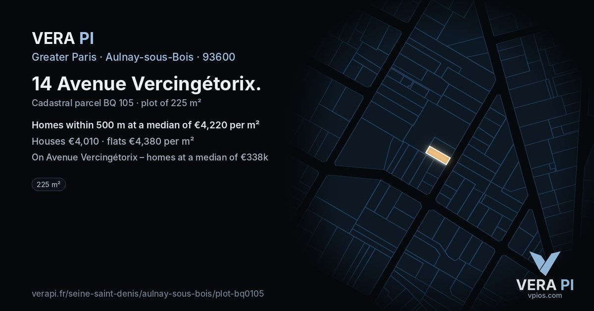 14 Avenue Vercingétorix, Aulnay-sous-Bois at night – the plot lit, the parcels around coloured by the prices near them