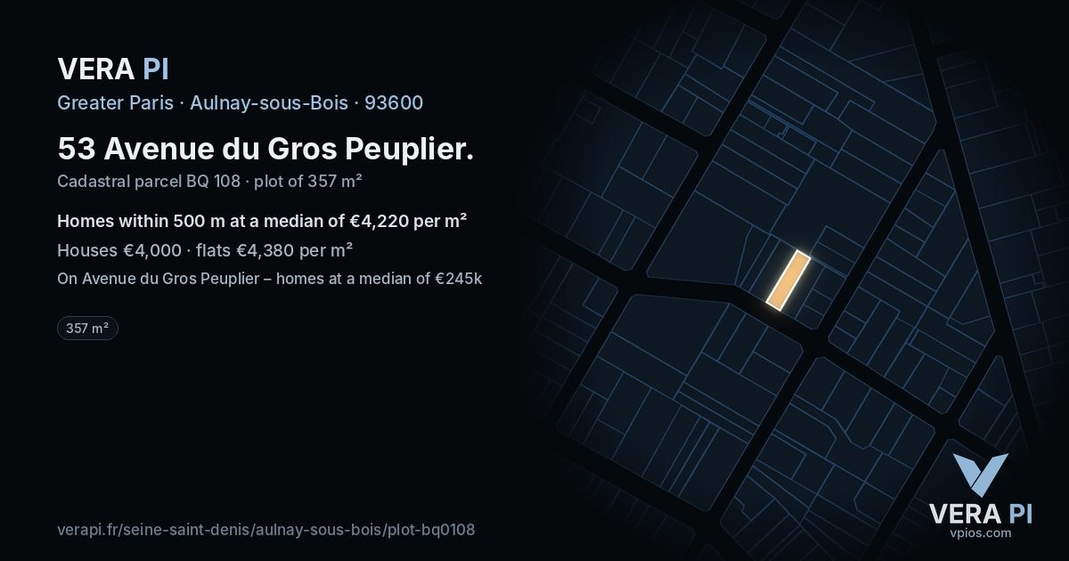 53 Avenue du Gros Peuplier, Aulnay-sous-Bois at night – the plot lit, the parcels around coloured by the prices near them