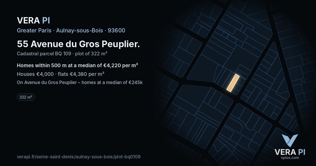 55 Avenue du Gros Peuplier, Aulnay-sous-Bois at night – the plot lit, the parcels around coloured by the prices near them