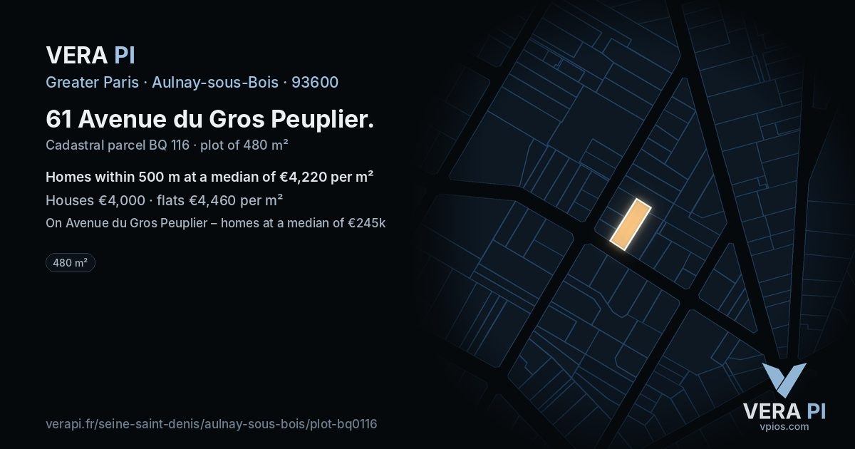 61 Avenue du Gros Peuplier, Aulnay-sous-Bois at night – the plot lit, the parcels around coloured by the prices near them