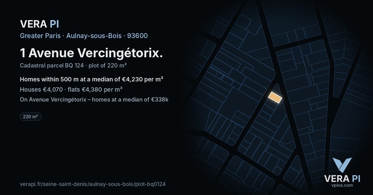 1 Avenue Vercingétorix, Aulnay-sous-Bois at night – the plot lit, the parcels around coloured by the prices near them