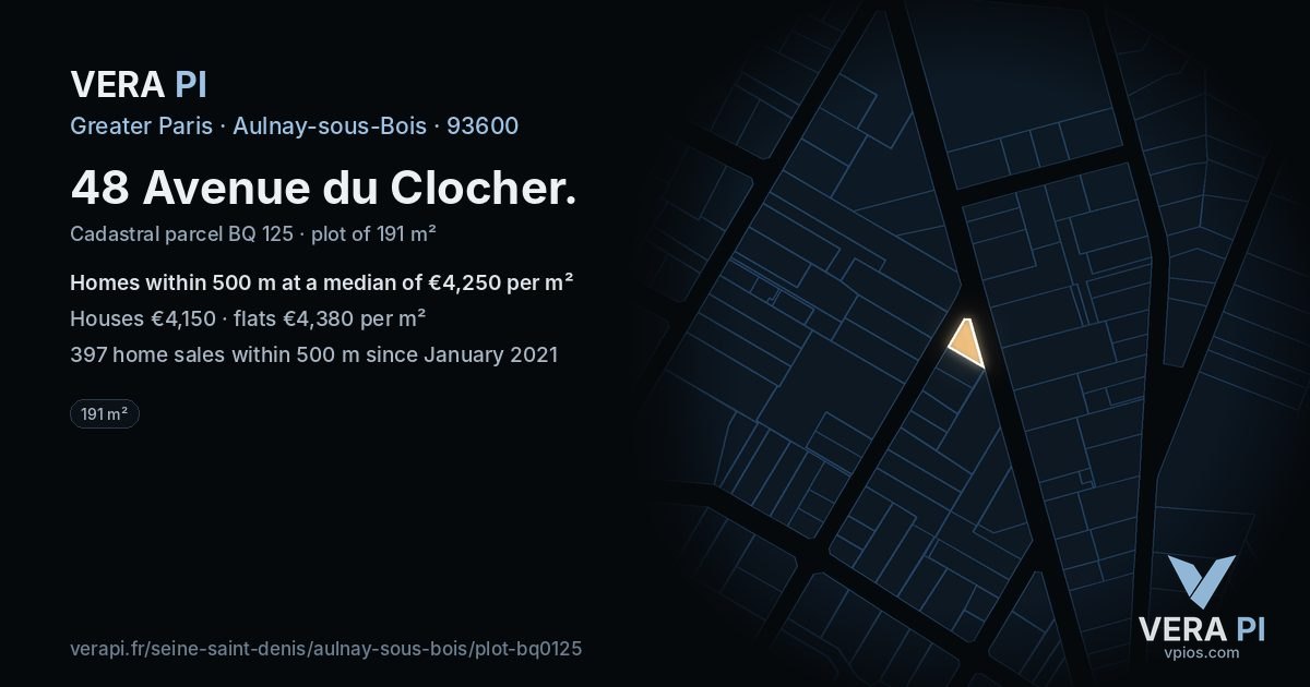 48 Avenue du Clocher, Aulnay-sous-Bois at night – the plot lit, the parcels around coloured by the prices near them