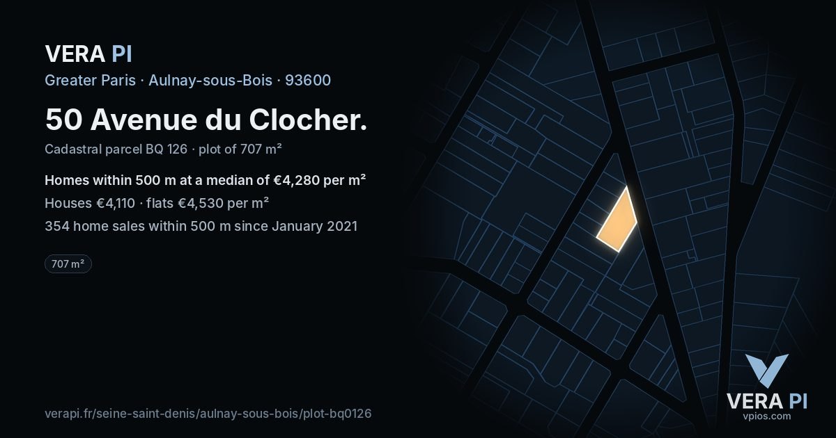 50 Avenue du Clocher, Aulnay-sous-Bois at night – the plot lit, the parcels around coloured by the prices near them