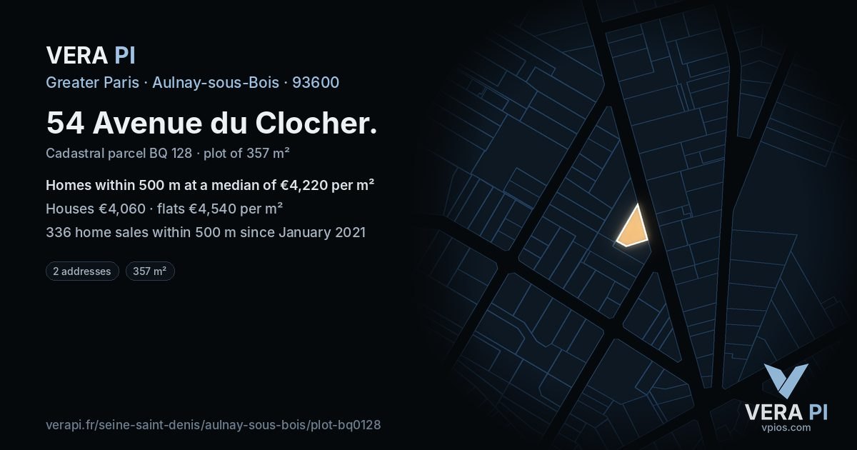 54 Avenue du Clocher, Aulnay-sous-Bois at night – the plot lit, the parcels around coloured by the prices near them