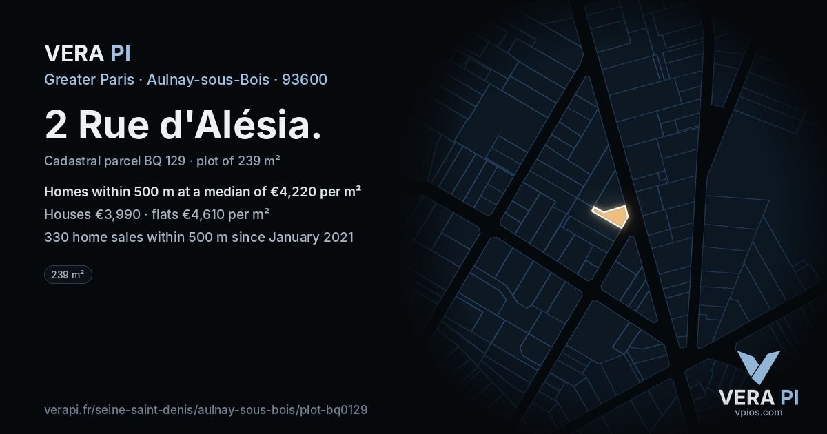 2 Rue d'Alésia, Aulnay-sous-Bois at night – the plot lit, the parcels around coloured by the prices near them