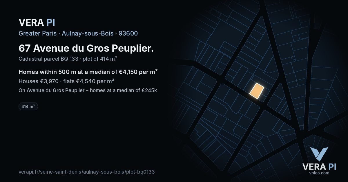 67 Avenue du Gros Peuplier, Aulnay-sous-Bois at night – the plot lit, the parcels around coloured by the prices near them