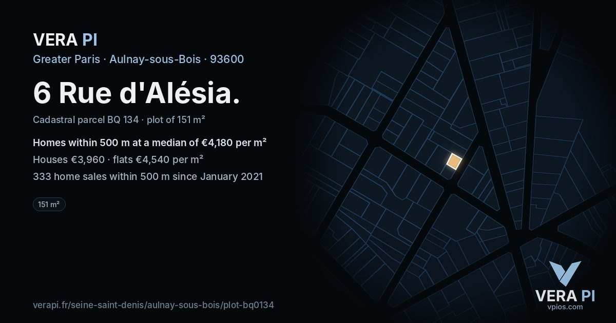 6 Rue d'Alésia, Aulnay-sous-Bois at night – the plot lit, the parcels around coloured by the prices near them