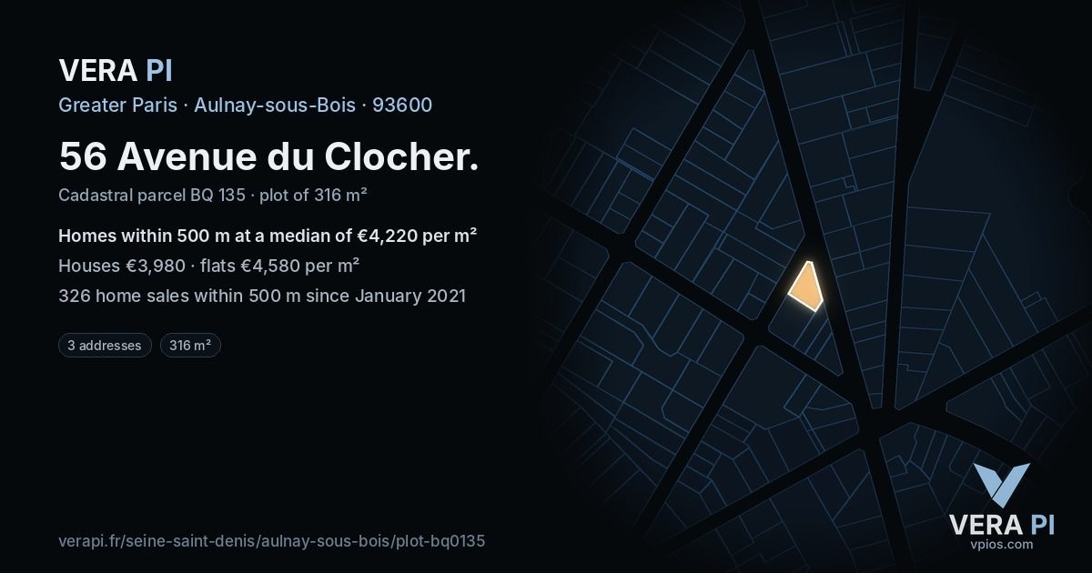56 Avenue du Clocher, Aulnay-sous-Bois at night – the plot lit, the parcels around coloured by the prices near them